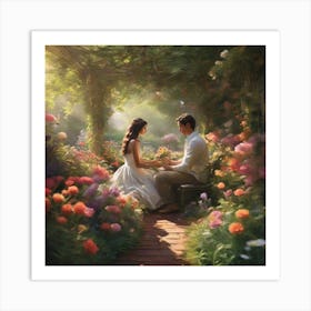 Couple of Lovers in a lush garden Art Print