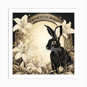 Black Rabbit And White Lillies With Border Art Print