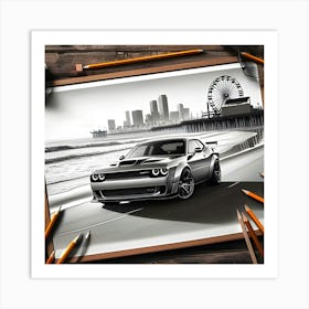 A Pencil Drawing Of A Dodge Hellcat At A Beach Front 1 Art Print