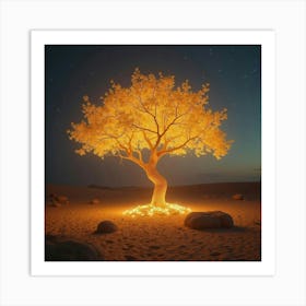 A Glowing Tree With Golden Leaves In The Middle Of A Desert 1 Art Print