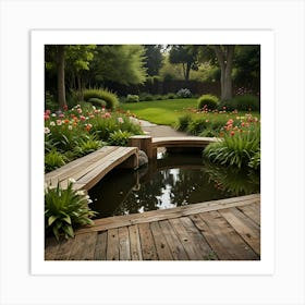 A Peaceful Garden With Blooming Flowers, A Small Pond, And A Wooden Bench Art Print