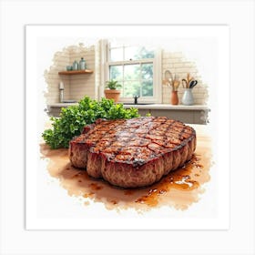 Watercolor Sketch Of A Tender And Juicy Grilled Steak On A Cozy Kitchen Table Art Print