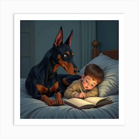 A Loyal Doberman Resting By A Child’S Side As They Read A Bedtime Story 1 Art Print