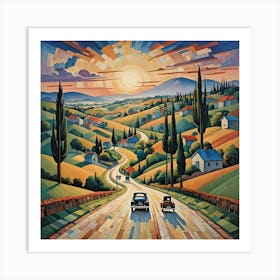 Driving at Dusk Cubism  Art Print