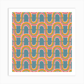 RAINBOW REFLECTION Retro Wavy Abstract Stripe in Vintage Bright Multi-Colours on Dusty Blue Art Print