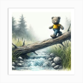 Teddy Bear Crossing Stream Art Print