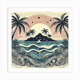 Boho art Silhouette of an island with Palm tree 2 Art Print