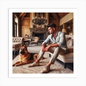 Man And Dog In Living Room Art Print