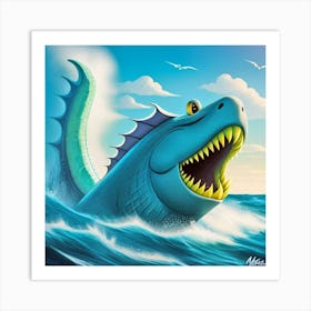 Blue Dinosaur In The Ocean Art Print