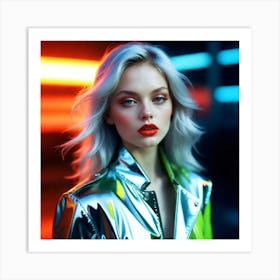 Neon Girl In Metallic Jacket Art Print