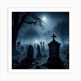 Frightened Souls Wandering Through A Mist Shrouded Graveyard On A Dark Halloween Night Eerie Full M Art Print