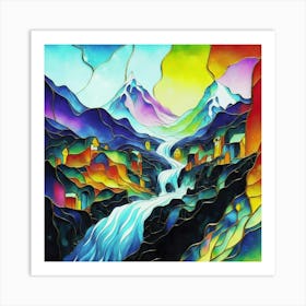 Abstract art stained glass art of a mountain village in watercolor 19 Art Print