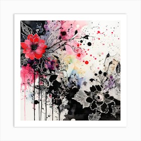 Black And Red Flowers, Abstract Floral Painting, Design An Eclectic Collage With Overlapping Layers Of Lace Watercolor Splatters And Black Art Print