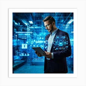 Abstract Cyber Industrial Icon Featuring A Futuristic Manager Interfacing With An Ai System Engagin Art Print