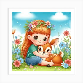 Little Girl With A Deer 1 Art Print