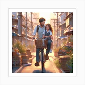 Little girl with father bicycle riding Art Print