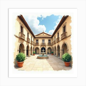 Watercolor Image Of A Spanish Palace Courtyard With Elegant Details Art Print