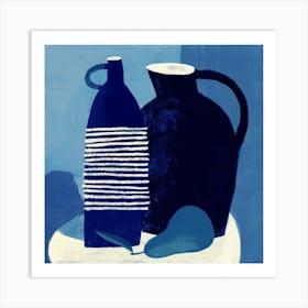 Blue Still Life With Jug And Fruit In Kitchen Square Art Print
