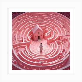 Girl In Pink Dress In Center Of Circular Pink Maze, House In Distance Art Print