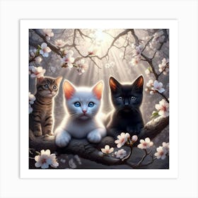 Three Kittens In Cherry Blossoms 3 Art Print