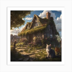 Cat In Front Of Cottage Art Print