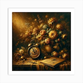 Flowers And A Clock Art Print