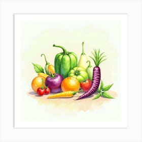 Watercolor Portrayal Of Colorful Vegetables And Fruits With A Gentle, Elegant Background 1 Art Print