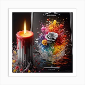 A lit candle inside a picture frame surrounded by flowers 7 Art Print