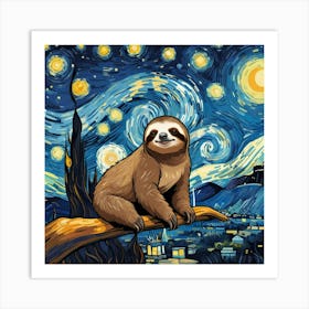 Sloth Cartoon At Starry Night Van Gogh Art Print