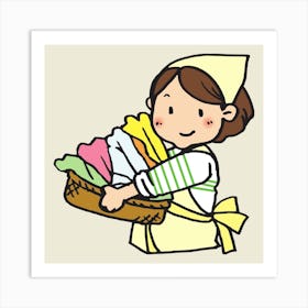 Girl With A Basket Of Clothes Art Print