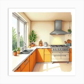 Bright And Beautiful Kitchen, Watercolor Painting, Warm Hues 1 Art Print