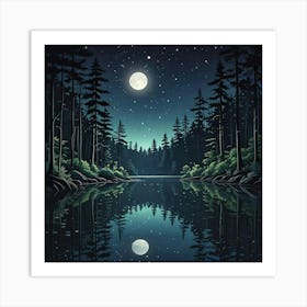 Lake Environment Landscape With Moon Art Print (2) Art Print