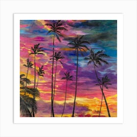 Sunset Palm Trees Wood Print Art Print