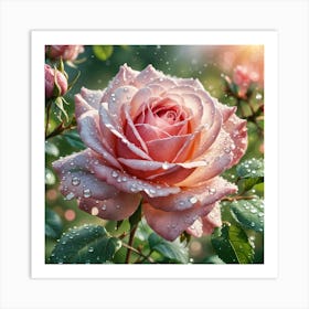 Pink Rose With Water Droplets 1 Art Print