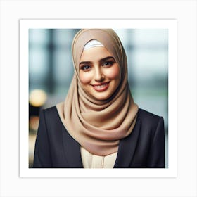 A photo of a young woman wearing a brown hijab. She is smiling and looking at the camera. She is wearing a white blouse and a black suit jacket. Her hair is dark brown and her eyes are brown. She is sitting in an office and there is a window in the background. Art Print