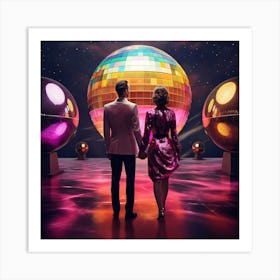 Couple in front Disco Ball. Minimal Art Print