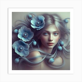 Girl With Blue Flowers Art Print