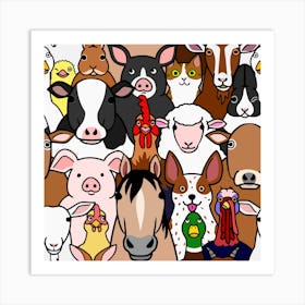 Seamless Doodle Farm Animals Colorful Art Print