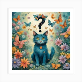 Blue Cat With Butterflies Art Print