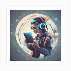 Child With Headphones And Tablet 1 Art Print