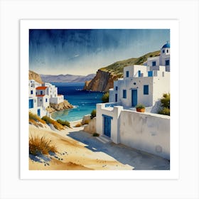 Village Of Santorini.Summer on a Greek island. Sea. Sand beach. White houses. Blue roofs. The beauty of the place. Watercolor. Art Print