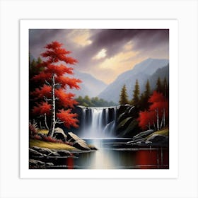 Waterfall With Red Trees Art Print