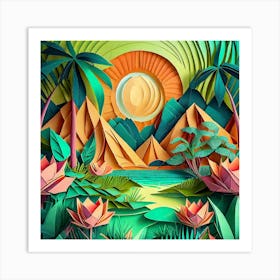 Firefly Beautiful Modern Abstract Lush Tropical Jungle And Island Landscape And Lotus Flowers With A (2) Art Print