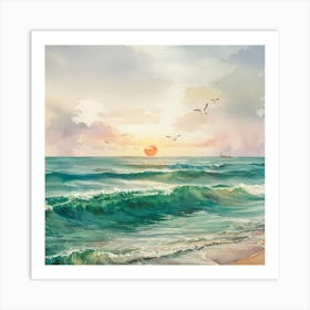 Tranquil Horizons A Serene Watercolor Of A Sunset Over A Gentle Ocean (3) Art Print