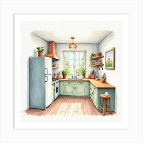 Charming Kitchen With Watercolor Painting, Soft Pastels 1 Art Print