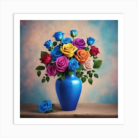 Colorful Roses In A Blue Vase Art Print