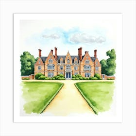 Watercolor Of The Kingston Lacy In Dorset, Highlighting Its Grand Design And Beautiful Gardens Art Print