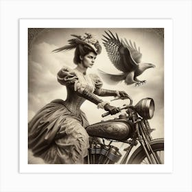 Motorbike Girl From A Bygone Era 3/4 (victorian black and white sepia woman female lady cycle wheels exciting) Art Print