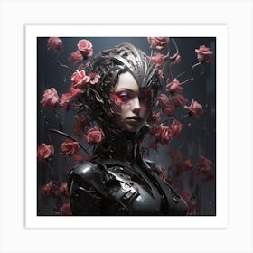 Robot Girl With Roses Art Print