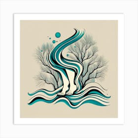 Feet on sea waves with Branch tree-Aqua Art Print